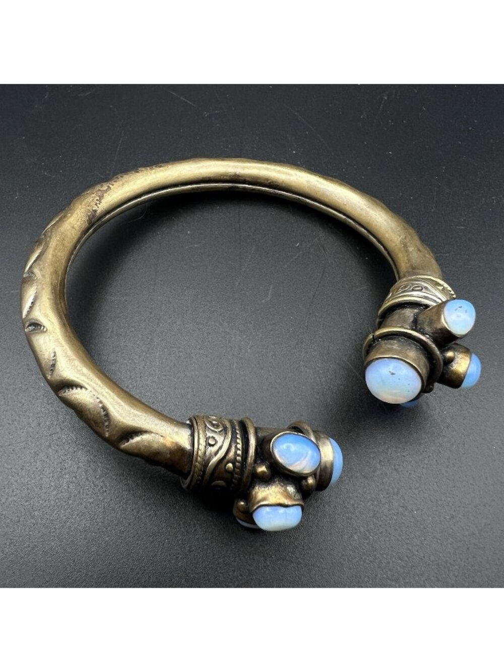 Vintage Brass Open Bangle Cuff Bracelet Blue Opalite Cabochons Boho Tribal